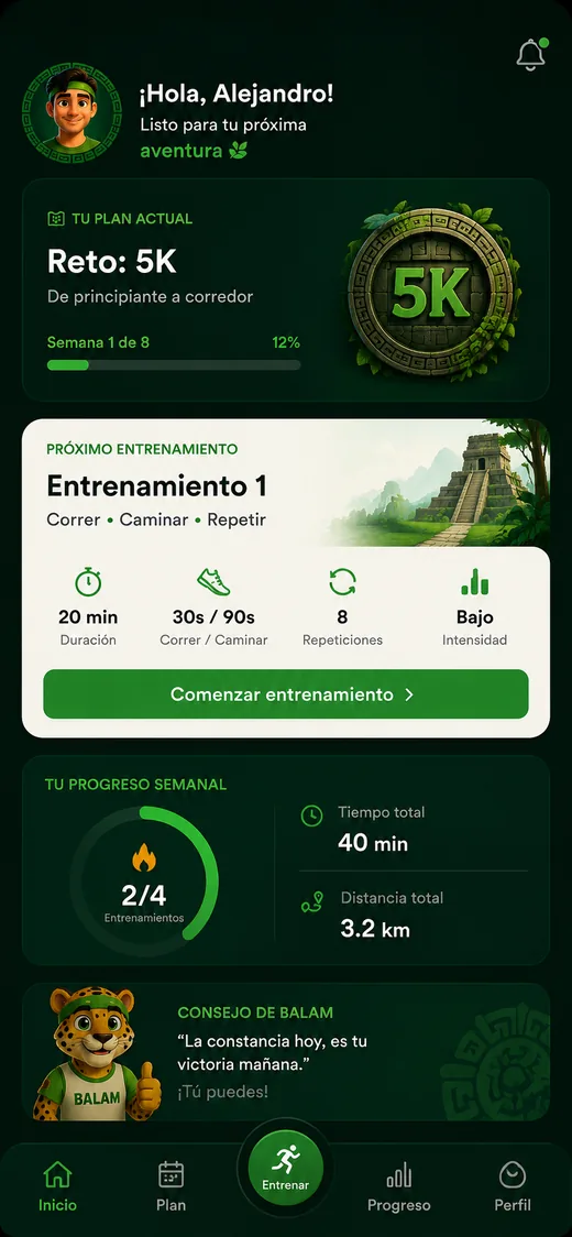 Pantalla de inicio de Balam Run con plan 5K, progreso semanal y consejo de Balam
