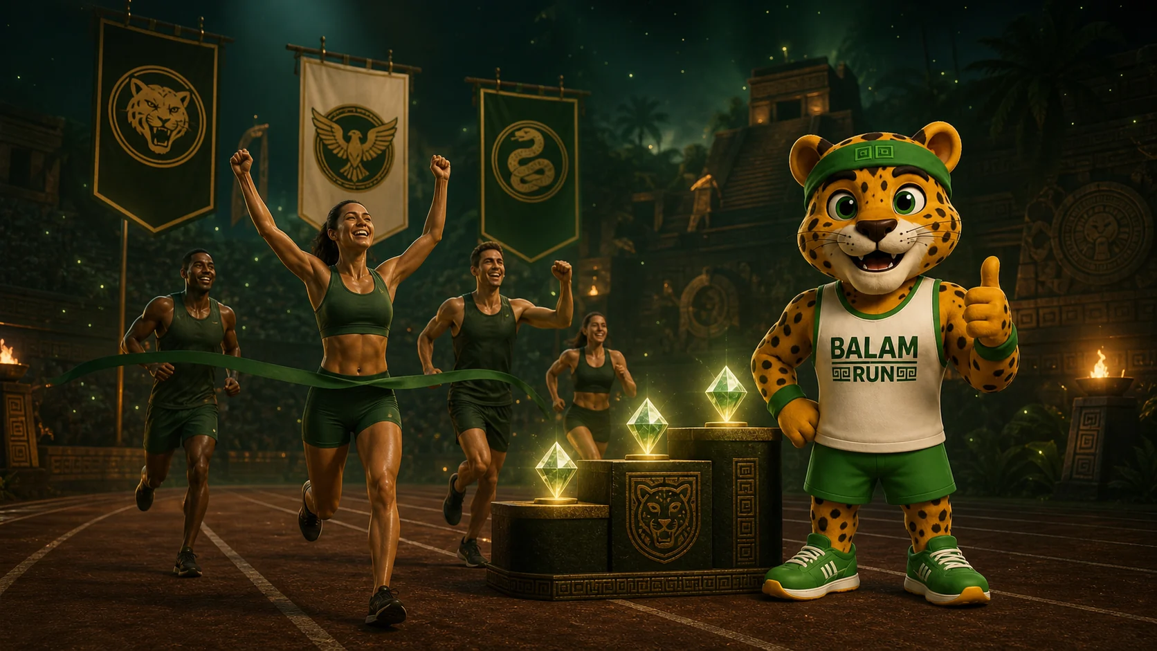 Balam celebrando una temporada de ligas con corredores, podio y diamantes